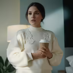 a woman wearing a white top holding a coffee cup