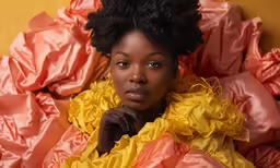 a woman with afros and a bright yellow dress laying on silk