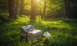 an old box and washing machine in the grass