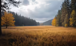an open field with a few trees next to it