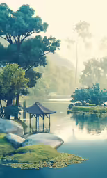 a small house next to a lake in the middle of a forest