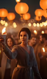a woman holding candles in front of an array of lanterns