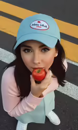 a woman sits on the street and puts her hand to an apple