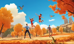 several people jumping around in an autumn field