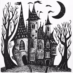 an ink drawing depicting a castle and trees,a drawing of a house with bats and trees