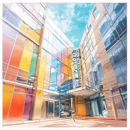 a big building with many glass windows is painted orange, blue, yellow and white