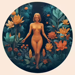 a painting of a woman and flowers on the ground