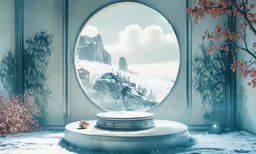 reflection of mountain landscape in an ornate glass display