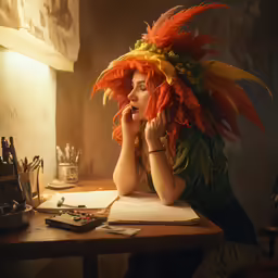 an artistic woman in an orange wig with feathers on her head