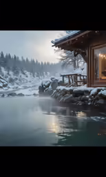 an image of a cabin on a frozen river