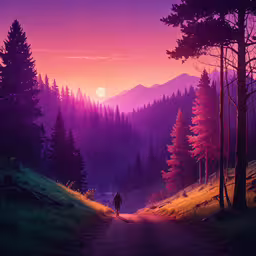 an oil painting of a person walking down a road towards the mountains,the sun sets behind the mountain as a person is walking down a trail