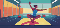the image of woman doing yoga in a building,a person in blue and red doing yoga exercises