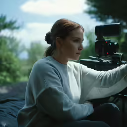 a young woman filming something with a camera