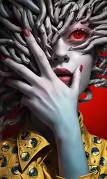 a beautiful woman with long nails is wearing her hair as a chain
