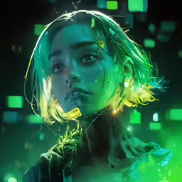 a girl with green lights stares at the camera