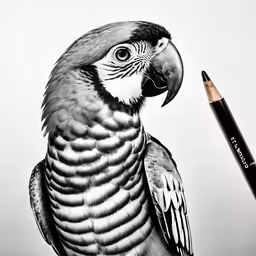 black and white photograph of a macaw and a pencil