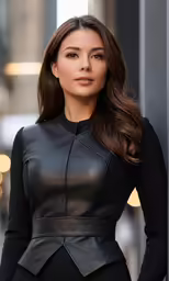 a woman wearing a black top and a black skirt