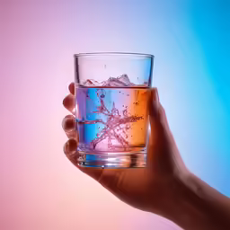 hand holding a glass filled with water on a pink and blue background