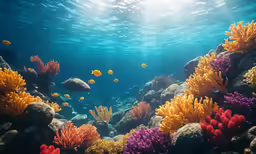 the sun shining over a coral reef with fish