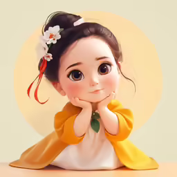 an asian doll wearing a yellow dress, with a floral in her hair