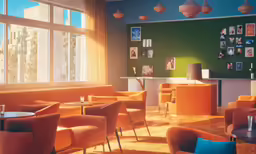 the restaurant is set up to be a colorful venue