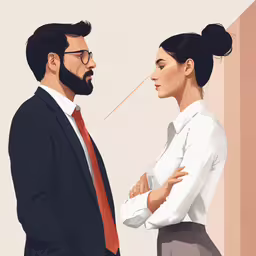 a man and a woman who are wearing suits and ties,a man standing next to a woman with an office suit on