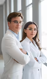 two men in white coats with arms crossed looking over their shoulders