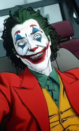 a man dressed as a joker sits in the backseat