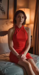 a woman wearing a red dress sitting on a bed