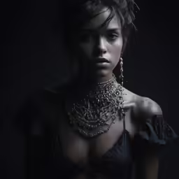 a woman wearing a black bra and silver jewelry