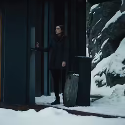 a woman is standing outside in the snow