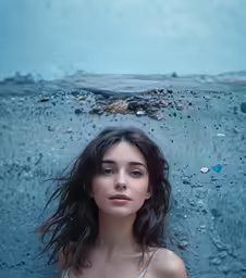 a young girl is under the water with many shells