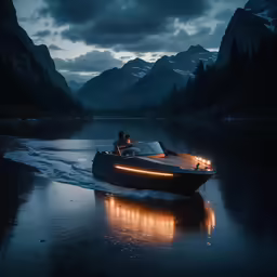 a man drives a small boat in a body of water at night