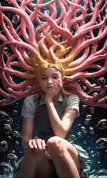 a girl with a weird headdress sits on a bed and looks out