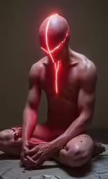 man wearing a weird costume with a creepy look on his face sitting in front of a dark backdrop