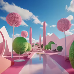 a landscape with several unusual pink and green trees