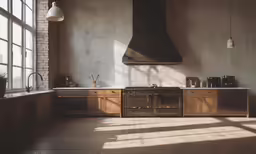 a kitchen with an oven and large windows