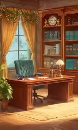 a home office with bookshelves and an elaborate desk