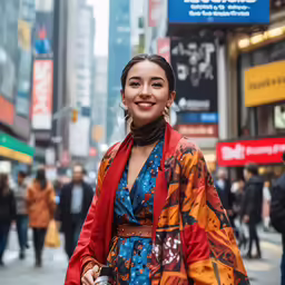 woman with long red scarf walking down the street in a city