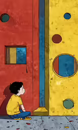 a boy sits and stares at his reflection in the wall