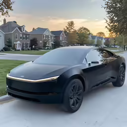 a black car parked on a street by some houses