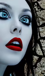 there is a girl that has red lipstick and black makeup