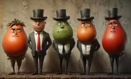 many pears with hats and suits are lined up