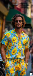 a man with sunglasses wearing a bright colored pajamas and smiling,the man is wearing an all over character print pajamas