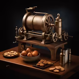 various nuts are sitting on a table as well as machinery