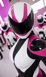 people wearing black and white costumes standing around in pink colors
