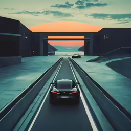three cars driving on a road towards a freeway