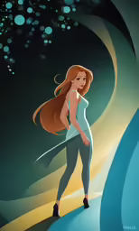 the woman is dressed in blue with a flowing tail