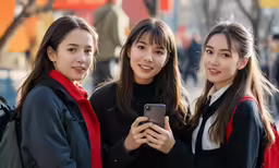 two girls stand next to each other, both holding a cell phone