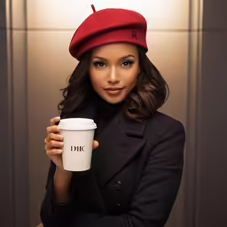 a woman in a red hat is holding a white cup
